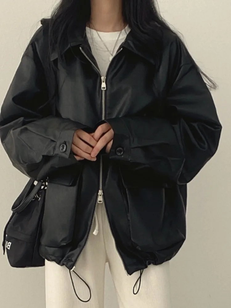 Ele Double ket Zipper Leather Jaet Women's Faion Versatile  Collar Autumn Coat Chic Commute Sle Long Sve