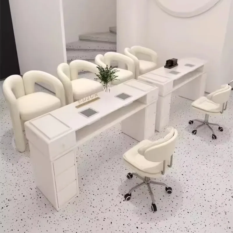 

Fashion Light Luxury Modern Simple Metal Salon Furniture Marble Art Nail Table Set Single Double Seat Manicure Table
