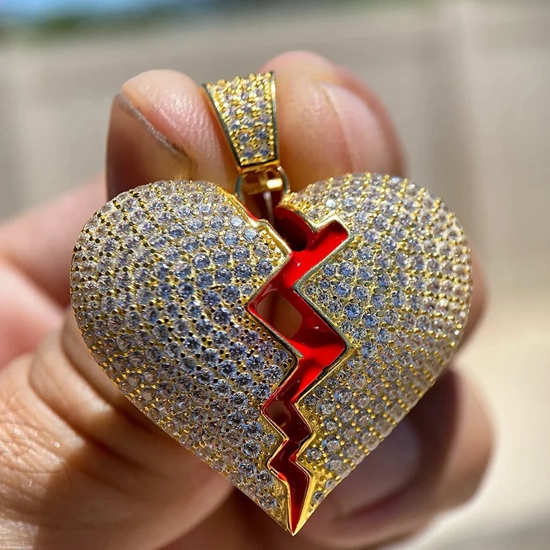 Hip Hop Pass Diamond Tester 925 Sterling Silver Bling Iced Out GRA VVS Moissanite Red Enamel Broken Heart Pendant For Men Women