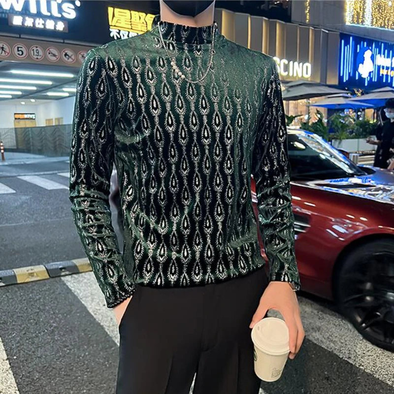 2023 Autumn Winter Velvet T Shirt Men Long Sleeve Half Turtleneck T Shirts Casual Slim Tees Tops Streetwear Social Tshirt M-4XL