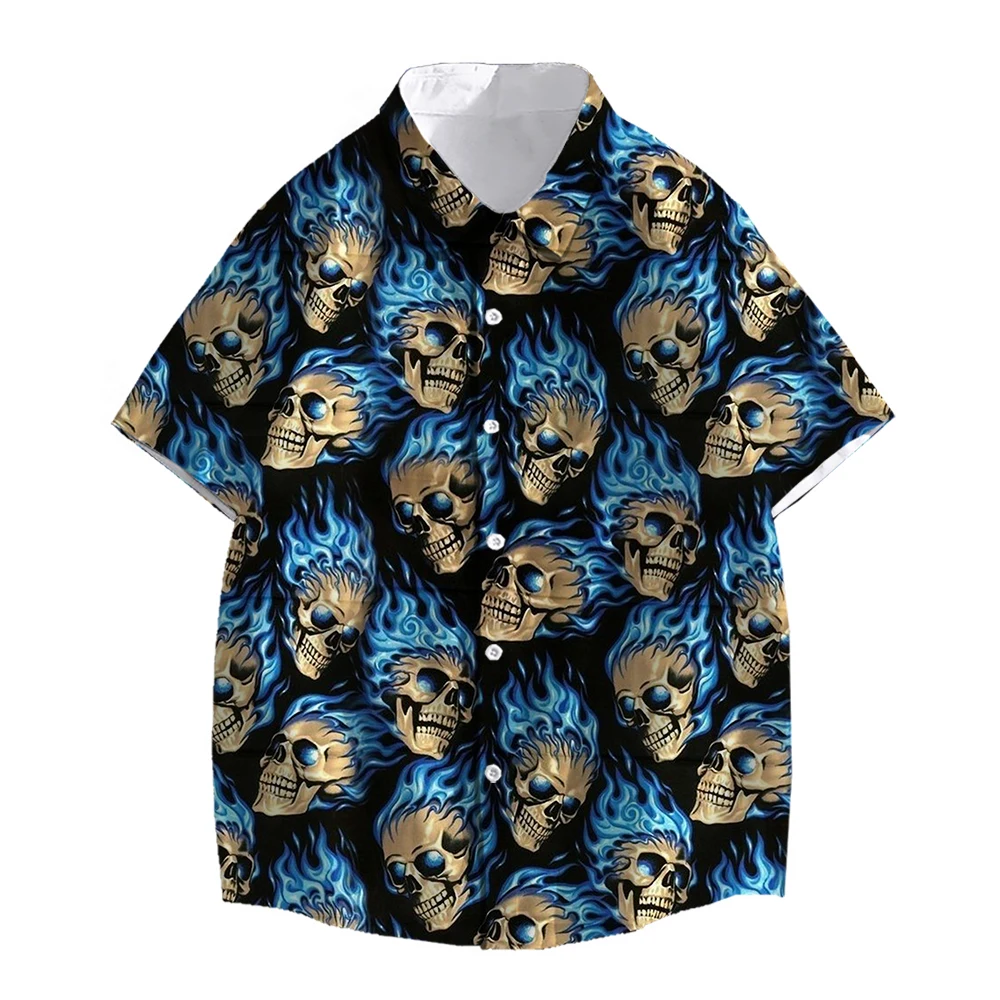 SONSPEE Summer Horror Dense Devil-fire Skull Graphic 3D Print Shirt Men Women's Street Funny Short Sleeve Oversize Kids Blouse