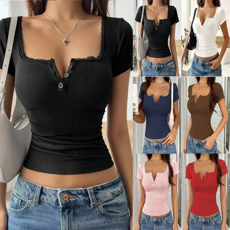 Fashionable Ruffle Button V-Neck Slim Fit Short Sleeve Top Elegant Casual Style Women's Shirt