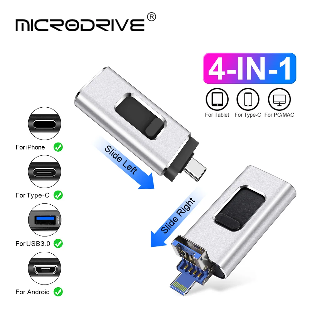 USB Flash Drives 4 in 1 Type C Compatible IPhone/iOS/Apple/iPad/Android & PC 256GB Lightning OTG Jump Drive 3.0 USB Memory Stick