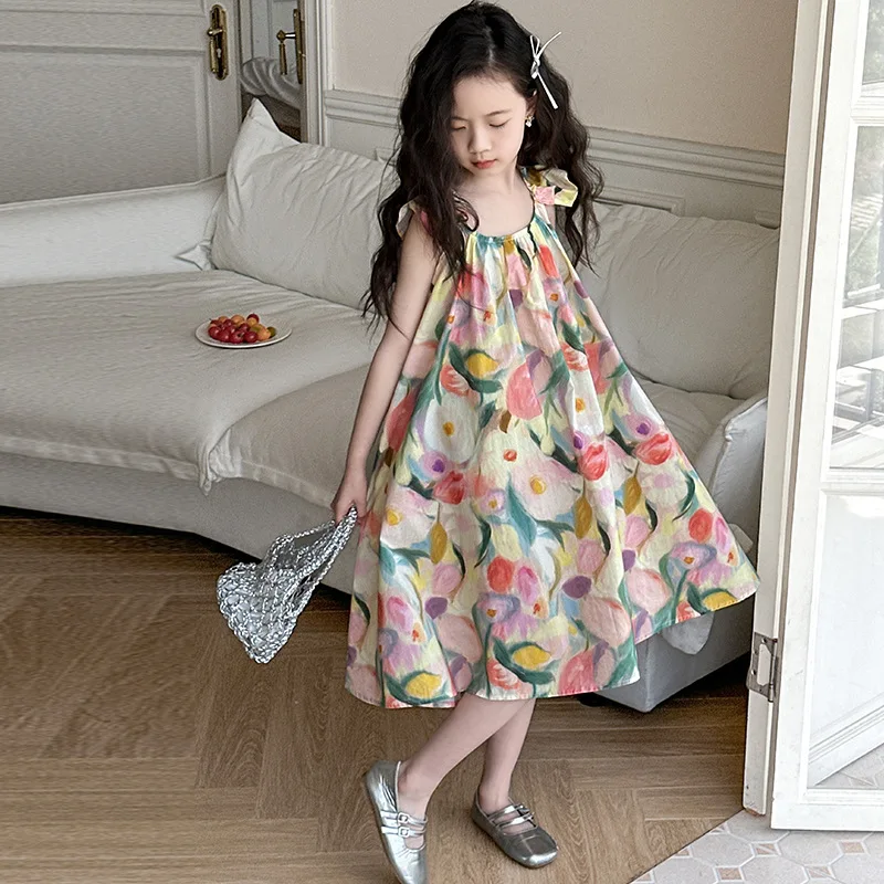 Summer Backless Child's Sleeveless Long Dresses Sweet Print Loose Kid Wear 10 11 12yrs Teens Clothes Floral Girls Princess Dress