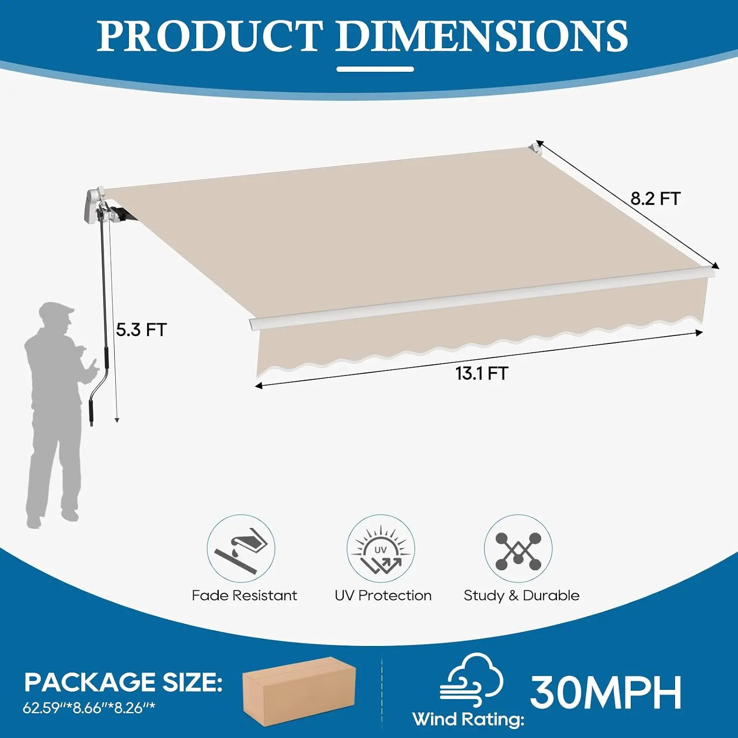 13.1'x8.2' Patio Awning Retractable Awning Cover Sunshade Shelter Outdoor Canopy with Crank Handle and Water-Resistant