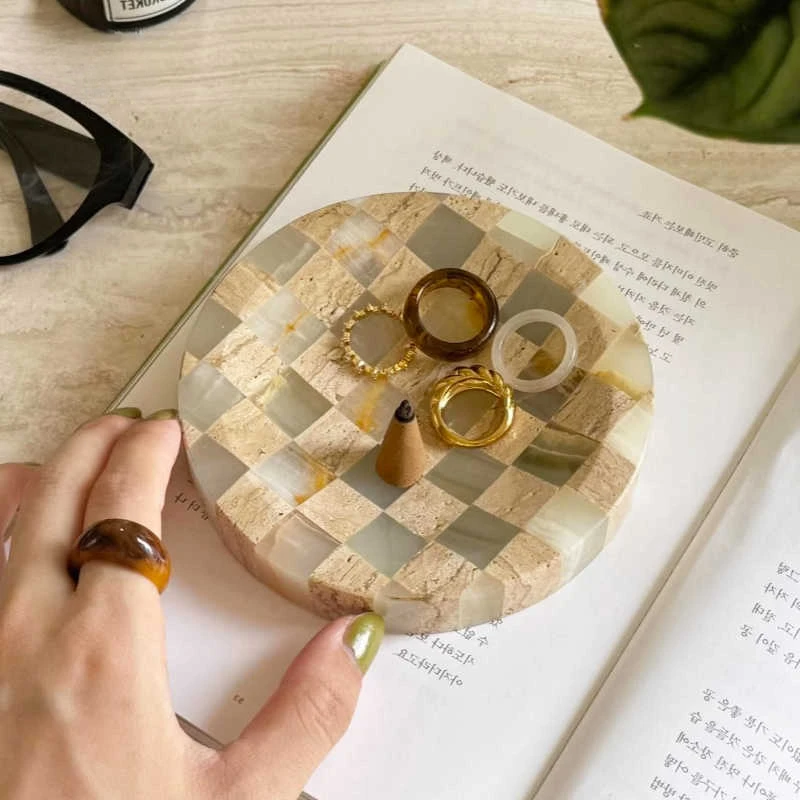 

Marble Mosaic Jewelry Tray Handcrafted Travertine Display Tray Art Home Decor Plates for Perfume Candle Luxury Trinket Dish