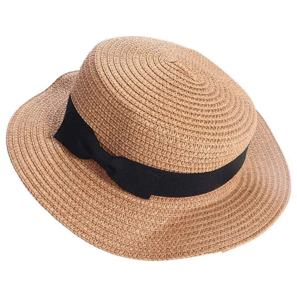 

Outdoor Holiday Sunscreen Handmade British Style Flat Hat Bowknot Top Hat Straw Hat Sun Hat Weave Sun Cap