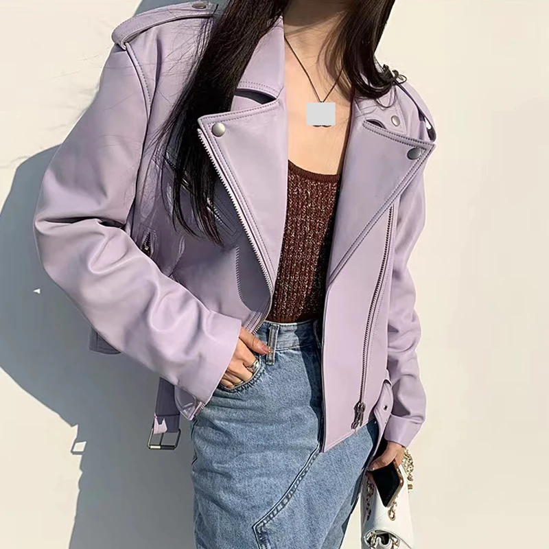 Genuine Leather Jacket for Women Attractive Purple White Metal Zipper Belt Trend Locomotive Coat Versatile Cuero Women Clothing