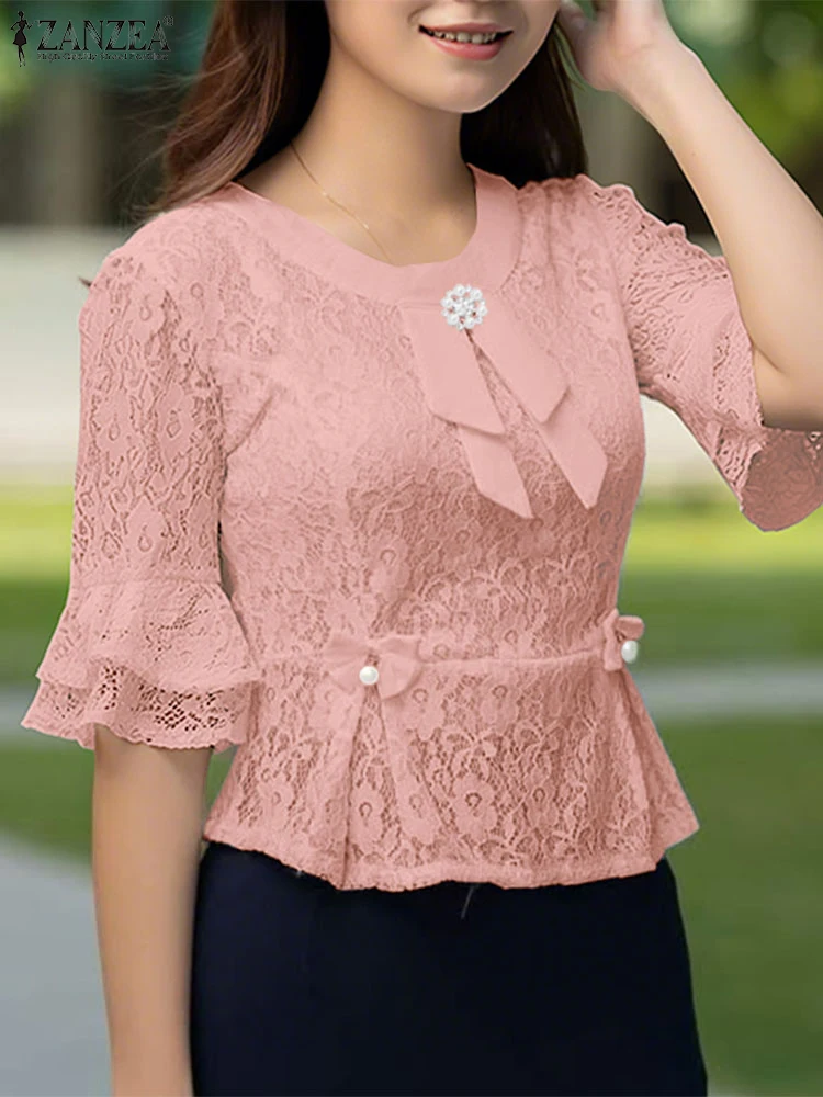 

ZANZEA Women Blouses Solid Lace Tops Vintage Flare Sleeve Blusas Casual Half Sleeve O Neck Tunics 2025 Elegant OL Work Pullover
