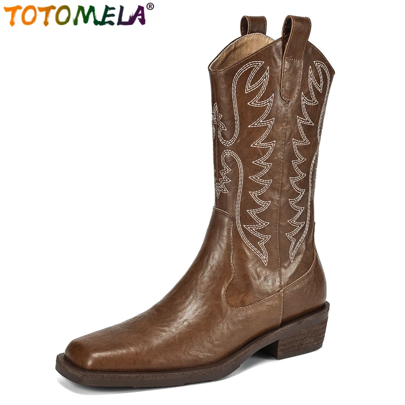 

TOTOMELA 2024 New Handmade Genuine Leather Western Boots Women Shoes Embroidery Brown Retro Autumn Winter Ankle Boots