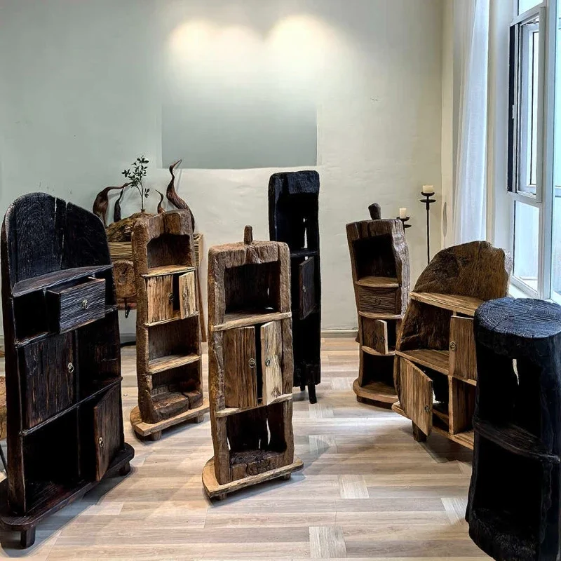 Solid wood floor-to-ceiling bookcase, tea room, household storage shelf, pastoral partition, bookshelf, red wine log
