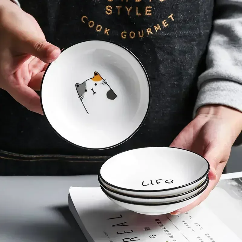 Plato de cerámica con diseño de gato de dibujos animados, creativo y lindo, para condimentos, postres, salsa de soja, vinagre, aderezos para carne asada y aperitivos, para uso doméstico