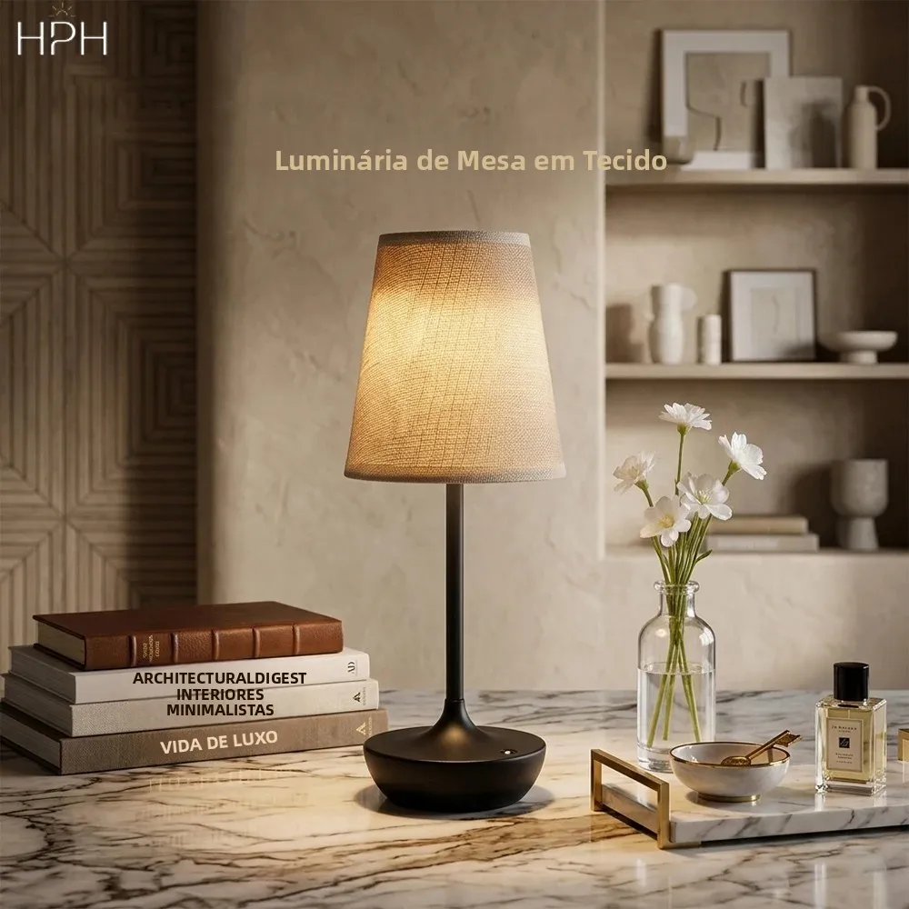 Luminária de Mesa LED Sem Fio com Abajur Vintage de Tecido, Luz de Mesa Portátil 2500mAh, Luminária de Cabeceira para Quarto, Luz Noturna