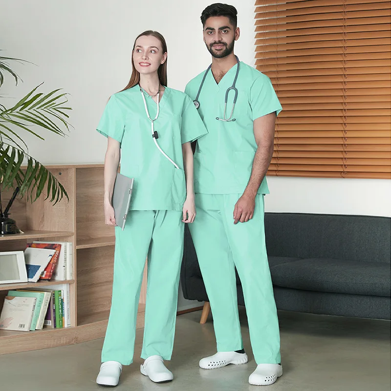 

V-Neck Hospital Uniforms Set Nurse and Doctor's Work Suits with Hand Scrubbing Clothes 65polyester 35cotton scrub sets