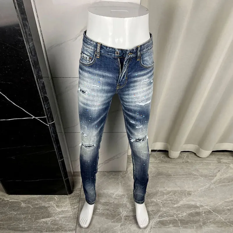 

Designer High Street Fashion Men's Stretch Tight Retro Ripple Jeans Men's Painted Hip Hop Brand Retro Blue Pants Hombre