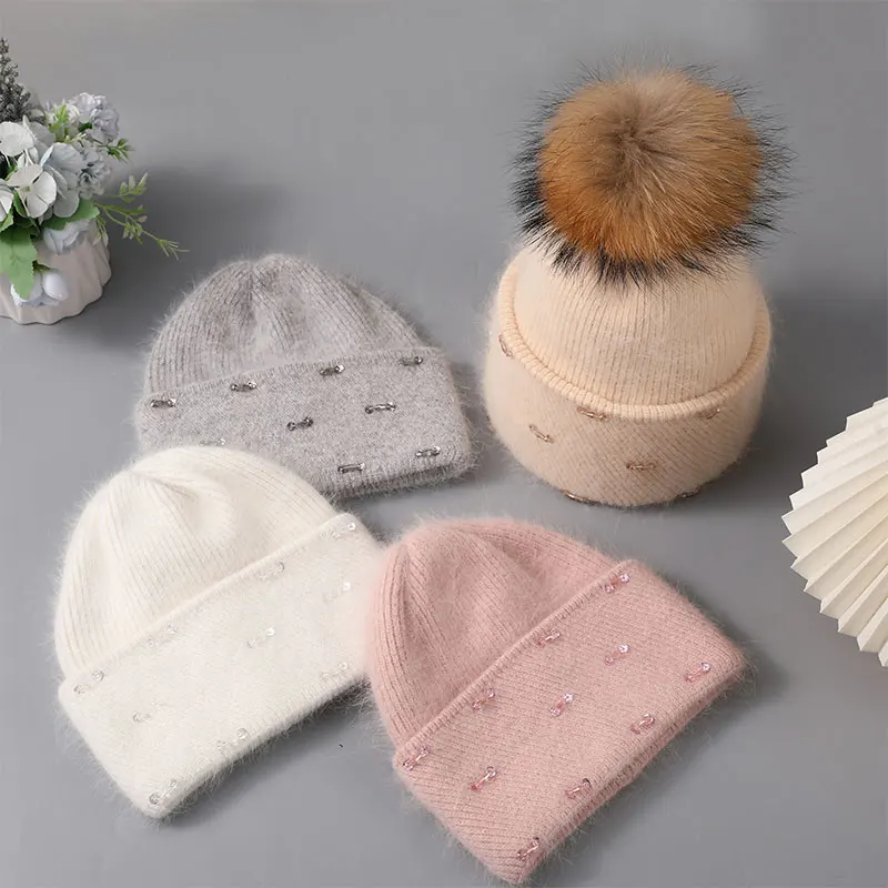 CNTANG New Angora Rabbit Fur Hat Natural Raccoon Fur Pompom Beanies Winter Warm Knitted Hats With Rhinestones Bifold Female Caps