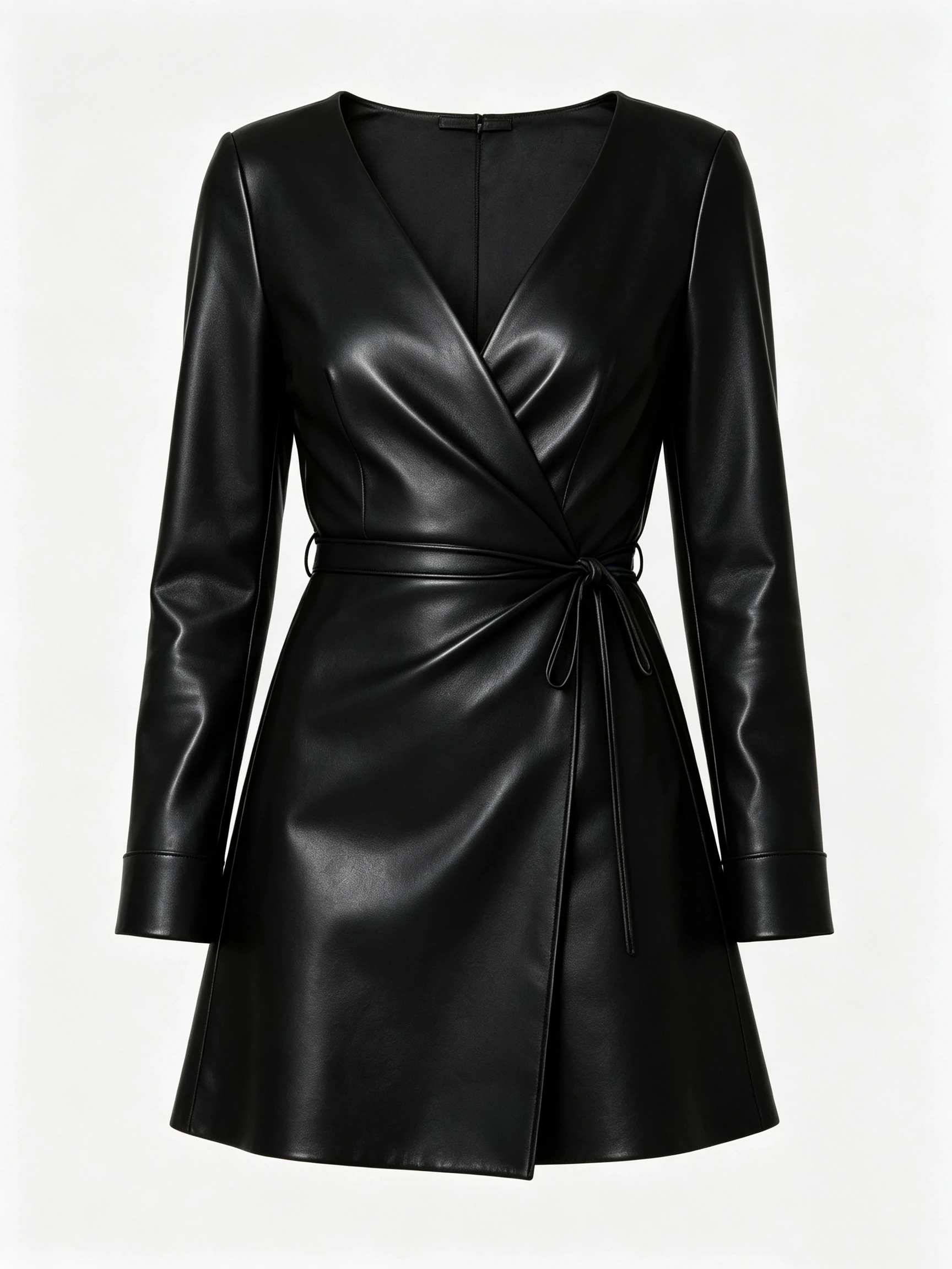 Luxury Black Faux Leather Wrap Mini Dress with Deep V-Neck and Tie Waist