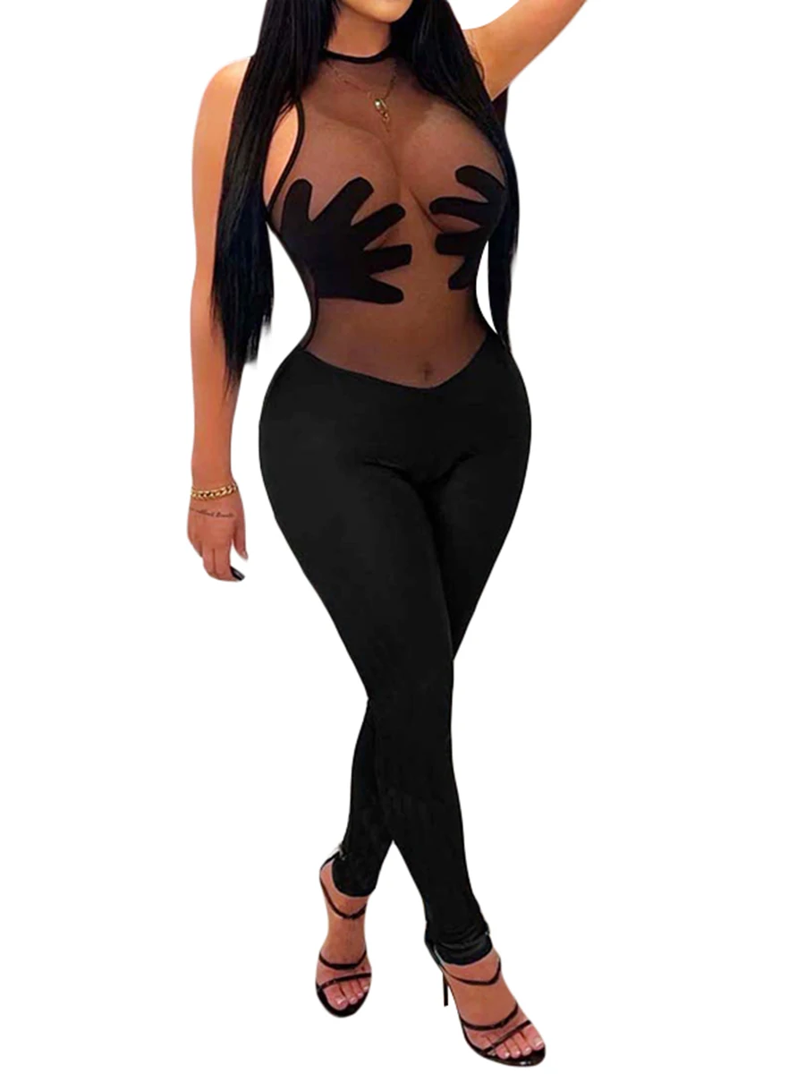 

Women Jumpsuit Sleeveless Crew Neck See-through Patchwork Slim Pants Party Clubwear Female Clothes Training Tights Sexy Leggings