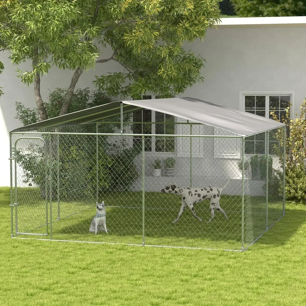 Large Dog Kennel Outside, Heavy Duty Dog Cage with Waterproof Cover, Outdoor Fence Dog Run with Galvanized Chain Link