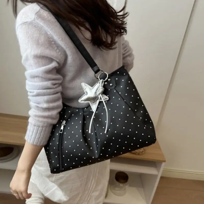 

Vintage PU Tote Bag Casual Students Purse 2026 New Large Capacity Shoulder Bag Polka Dot Zipper Commuting Handbag For Women