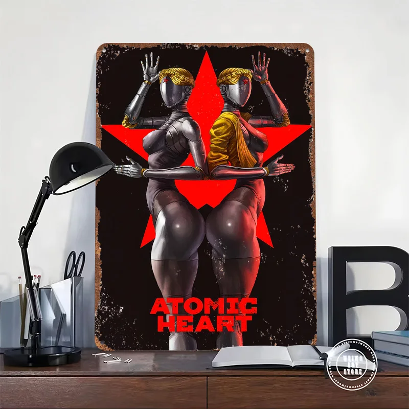 Atomic Heart Robots and Red Star 3D Texture Printed Poster Custom Vintage Metal Tin Plate Sign for Wall Art Coffee Bar Wand Deko