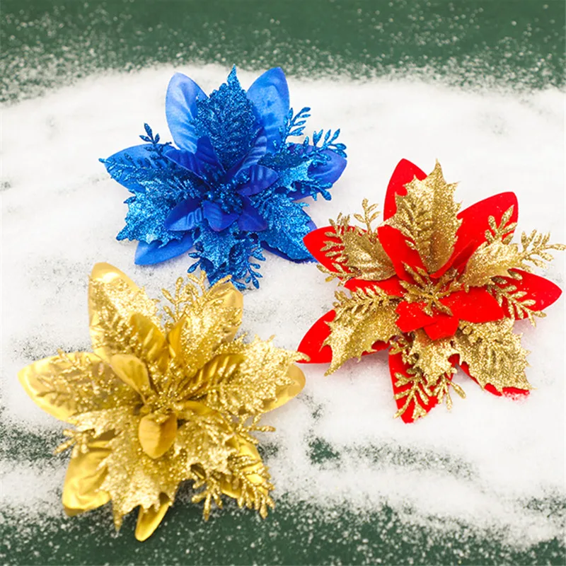 

6pcs 14cm Christmas Tree Flowers Glitter Red Gold Flower Head Xmas Ornament Christmas Decorations for Home Navidad New Year Gift