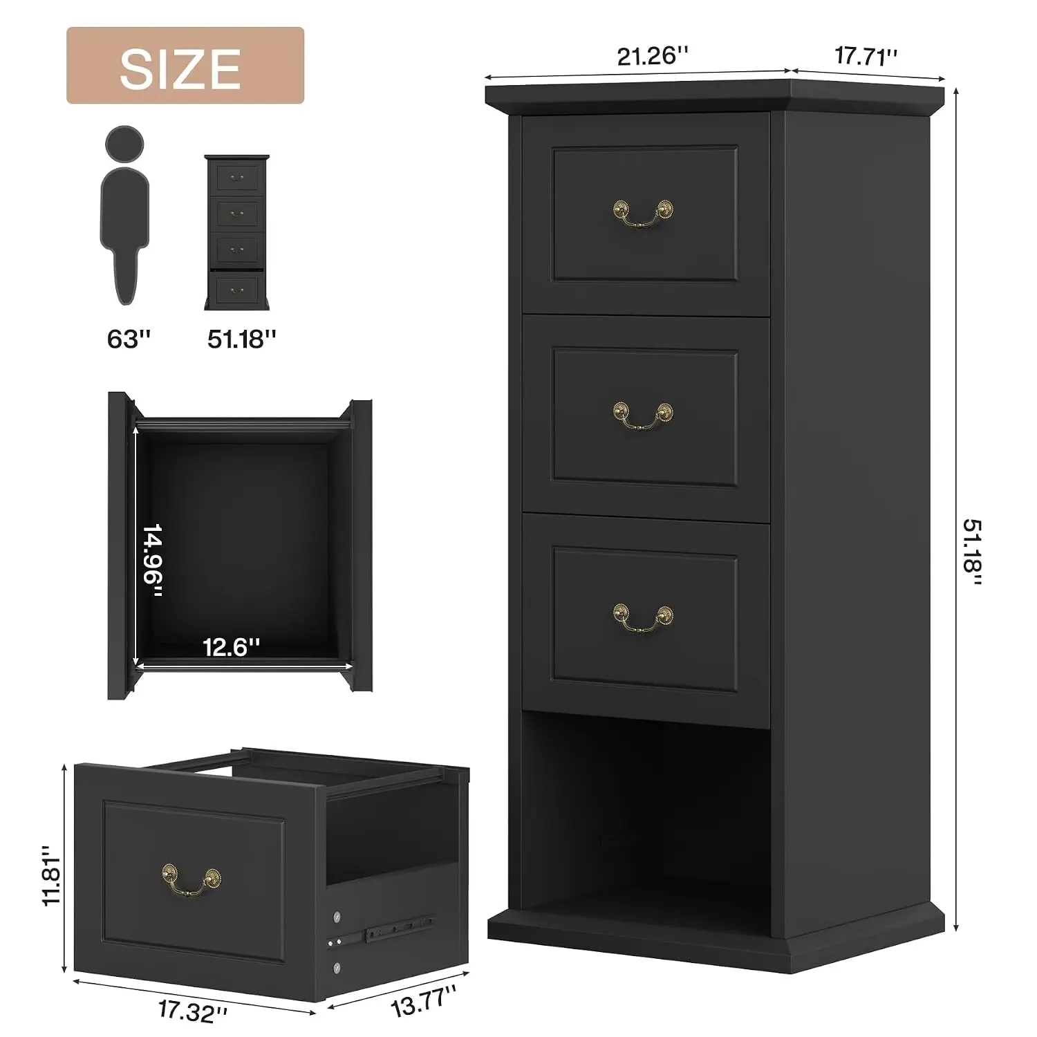 4-Drawer Vertical File Cabinet for A4/Letter/Legal Documents, Black, Customized