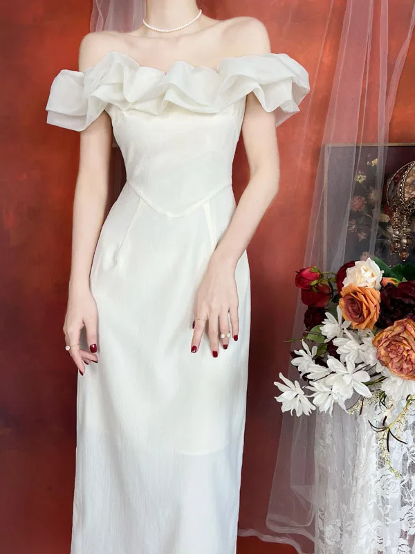 

Elegant White One-Shoulder Wedding Dress for Engagement Party High Waist Cotton Long Skirt Zipper Back Summer Fashion Ladies
