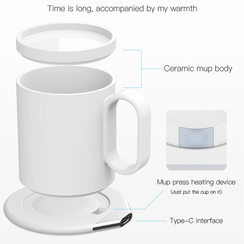 Portable 55 degrees constant temperature smart heating ceramic mugs desktop electric wireless phone charger coffee mug warmer