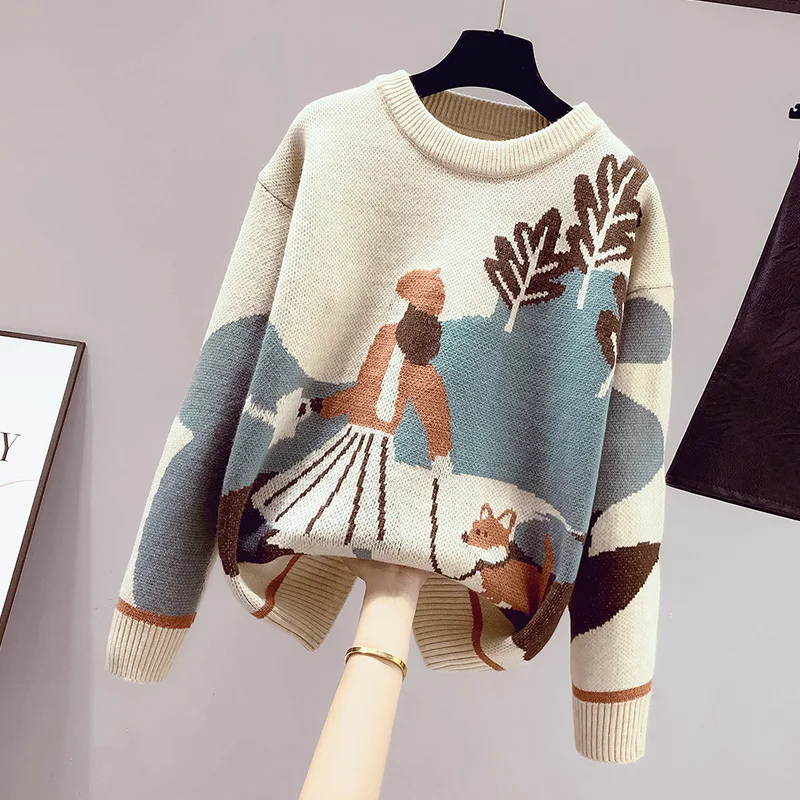 

Autumn Winter Long Sleeve Knitted Sweater Harajuku Fashion Cute Cartoon Pullover Sweater Casual Loose Female Sweater Coat