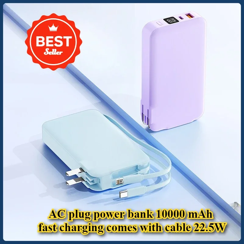 

Power Bank 10000mAh Fast Charging with Its Folding Wall Plug AC Plug Own Cable 22.5W Mobile Power Supply