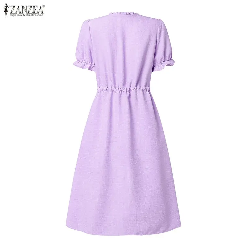 2026 ZANZEA Summer Elegant Work Dresses Women Short Sleeve Solid Ruffled Dress V Neck Casual Drawstring Waist Holiday Sundress