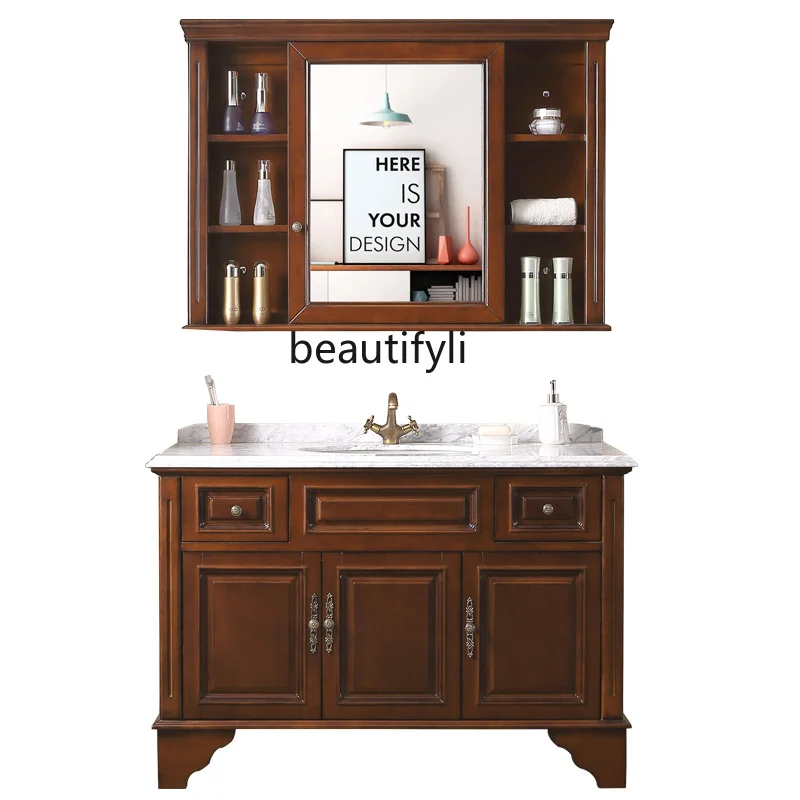 

American Bathroom Cabinet Oak Combination Wash Inter-Platform Basin Solid Wood Floor Washbasin Bathroom Mirror Cabinet