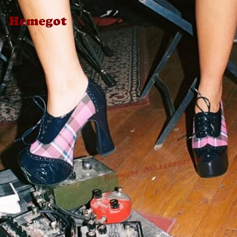 Splicing Lace-Up Pumps Round Toe Platform Shallow Women's Pumps Chunky Heels Patchwork Party Runway Shoes Elegant Glossy Sexy