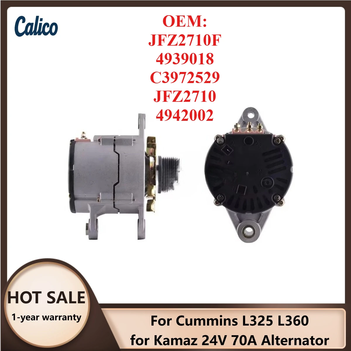 

Premium Grade Suitable for Cummins L325 L360 for Kamaz 24V 70A Alternator JFZ2710F 4939018 C3972529 JFZ2710 4942002