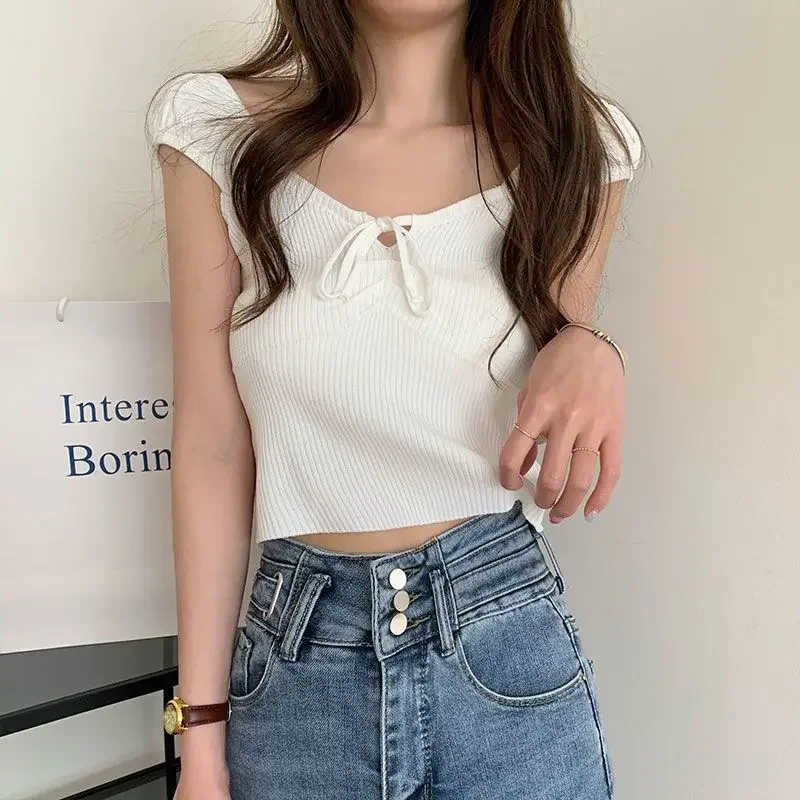 2024 New Summer Casual Short Bow Tie Knitted Slim Top Women\'s Solid Color Slim Fit Tank Top Spring Cute Tops