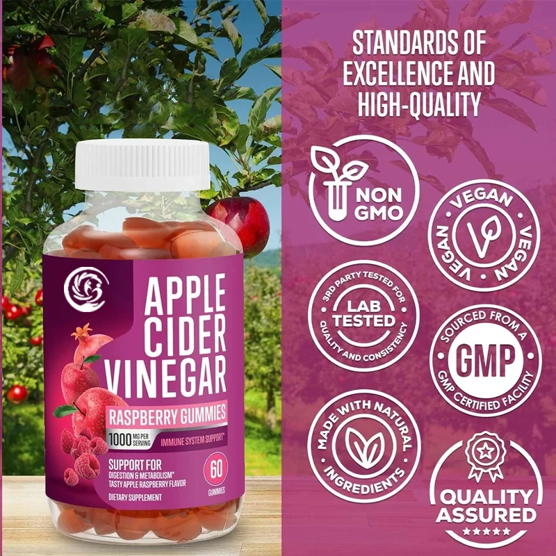 Vegetarian apple cider vinegar gummies 1000mg for detoxification and cleansing,natural apple raspberry flavor,non GMO-60 gummies