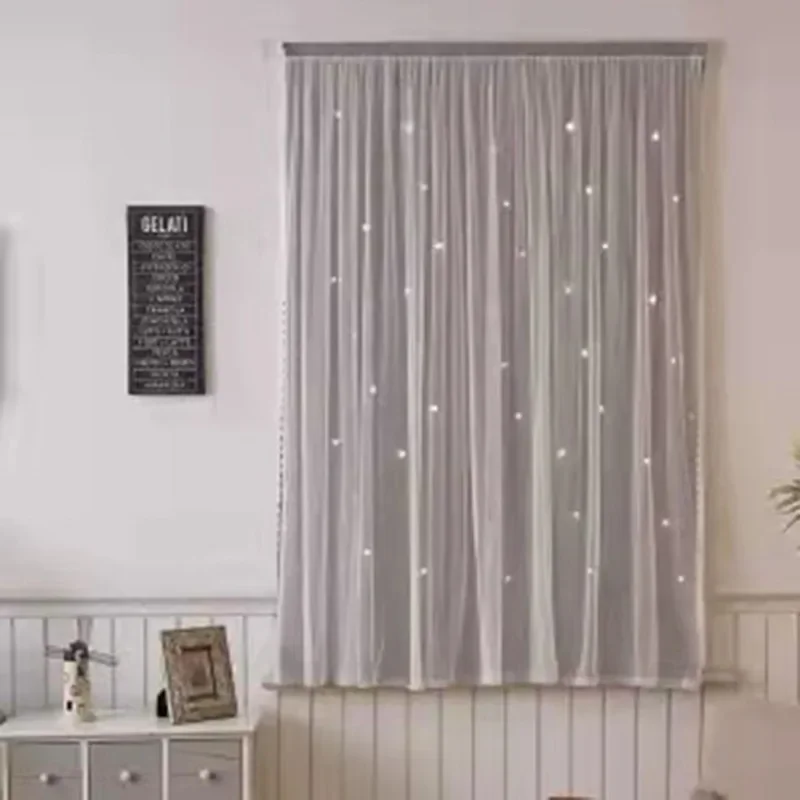 Window Curtains High Shadowing Simple Modern Style Bedroom and Living Room Hollow Out Star Blackout Curtain Ins No Punching Chic