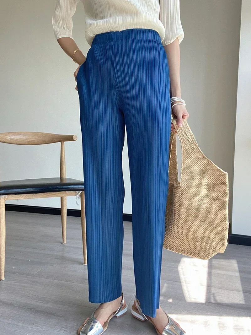 

Miyake Pleated Casual Pants Spring Summer Autumn Women Elegant Ladies Designer Loose Straight Pleated Pants High Waist Trousers