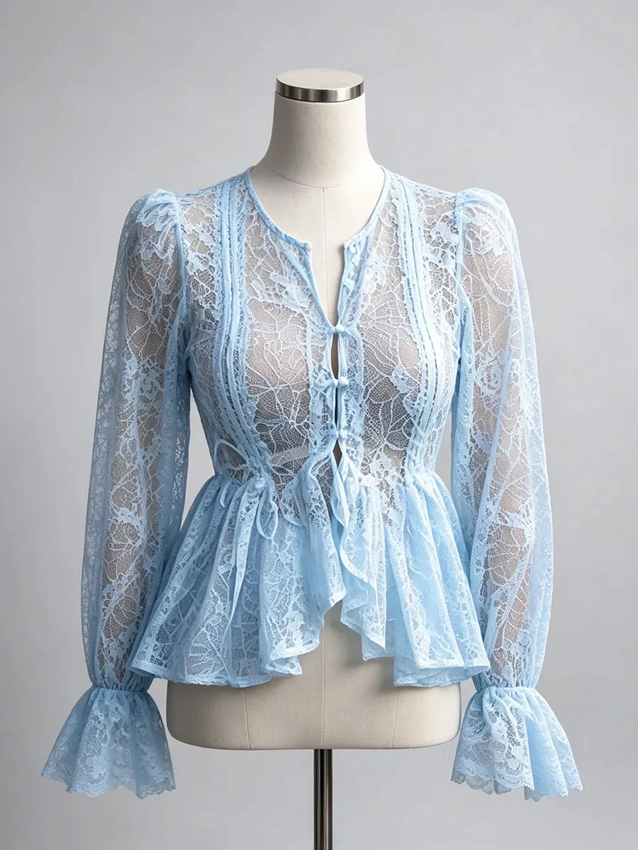 Elegant Sheer Lace Women Top Flared Bell Sleeve Ruffled Peplum Hem Drawstring Slim Fit Blouse For Evening 2026