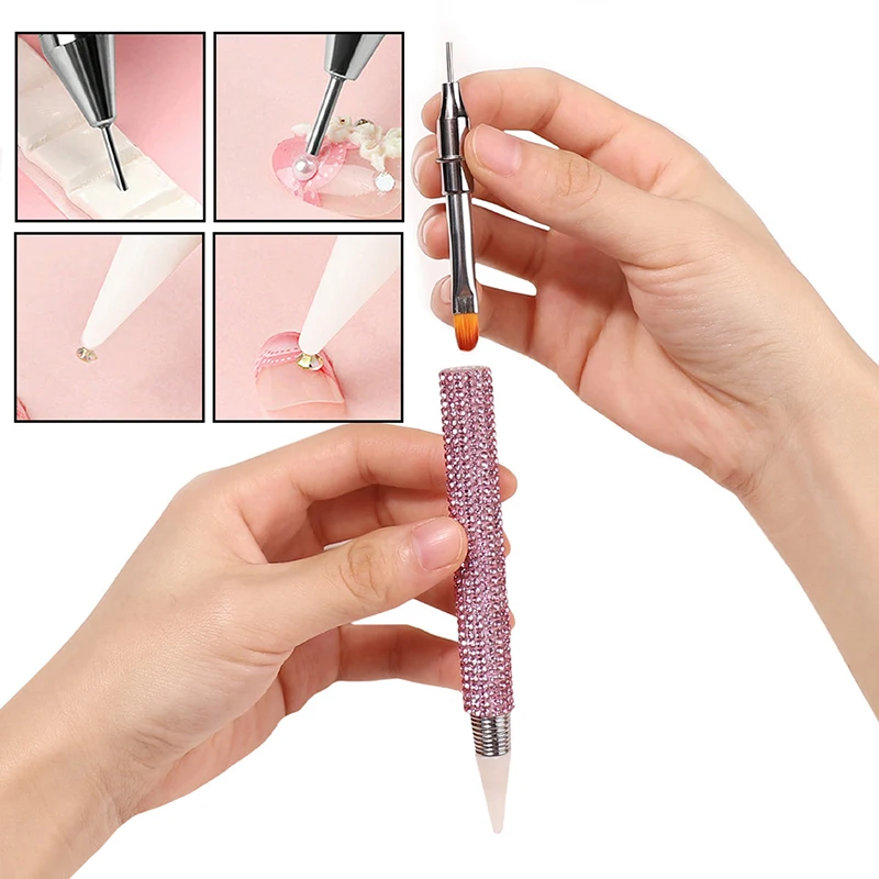 Dual Heads Crystal Point Drill Pen Nail Brush 2 IN 1 Colourful Stay Wire Pen Rhinestones Gem Dotter DIY Drill Nail Art Tools