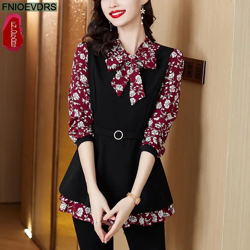 M-5XL Women Elegant Office Lady Retro Vintage Loose Peplum Bow Tie Ruffle Top Flower Floral Print Long Tunic Basic Shirt Blouses