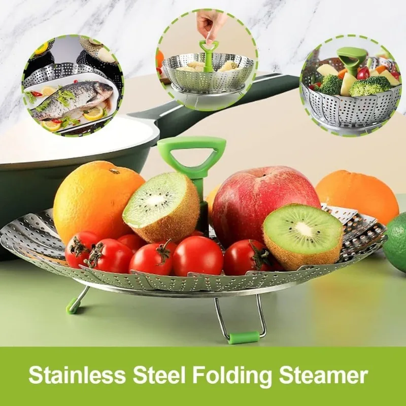 Folding Steamer Stainless Steel Food Basket Mesh Vegetable Steam Stove Steamer with Expandable Handle Kitchen Cooking Utensils