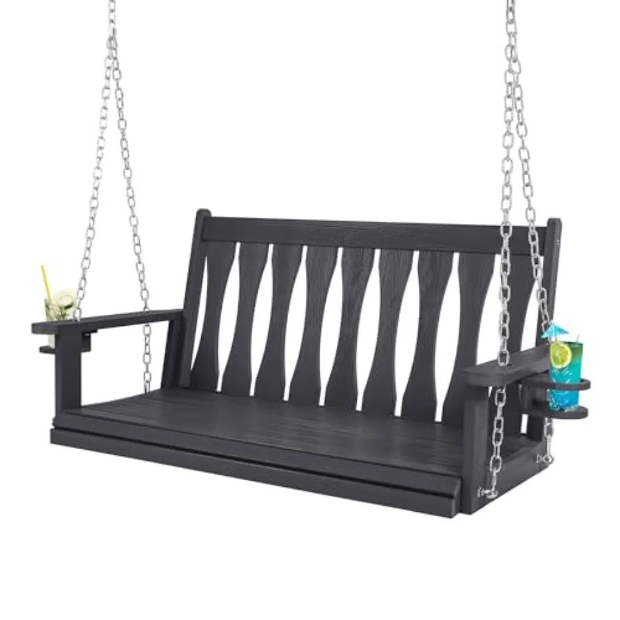 

HIPS All-Weather Outdoor Hanging Porch Swing, 2 Seat Hanging Swing Bench with Cup Holders, Patio Swing Chair with Hanging Chain