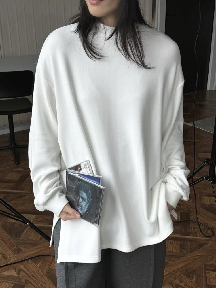 [LANMREM] Minimalism Long Sleeve T-shirt Women\'s Round Neck Casual Loose Warm Tops Female Tees Fashion 2024 Winter New 26C857