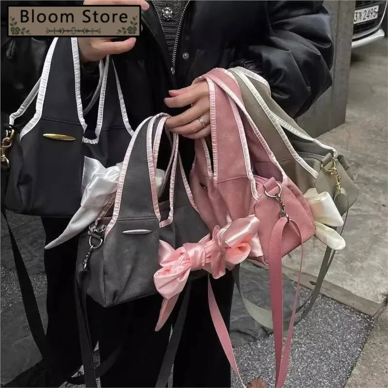 

Bloom Haruku Bow Y2k Handbag Women Vintage Zipper Casual Crossbody Bags Purse Ladies Retro Handle Pink Messenger Bag Chic