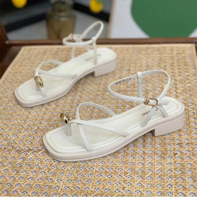 Sandals Women 2023 Summer New Fashion Square Toe Roman Shoes Simple Fairy Strap Women Shoes Flat Casual Shoe Sandalias De Mujer