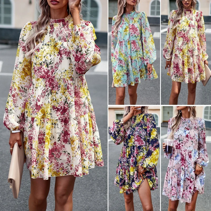 

DY-Printed Dress Autumn Independent Station Elegant Long Sleeve Short Dress