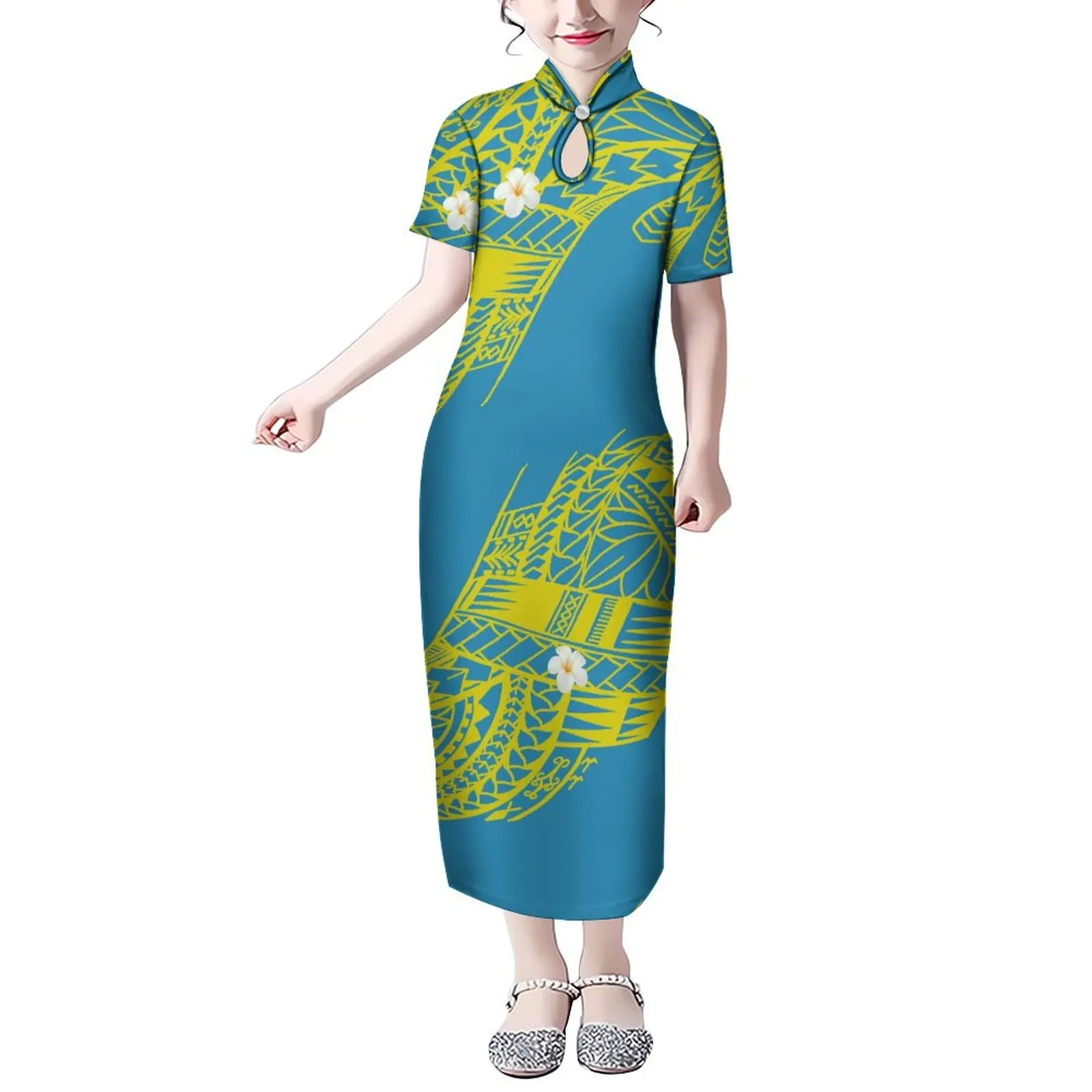 Maxi Jurk Van Kinderen Met Uitgesneden Kraag Ontwerp Samoa Club Meisjes Jurk Custom Polynesische Bloemenprint Nieuwe Tiener Jurk