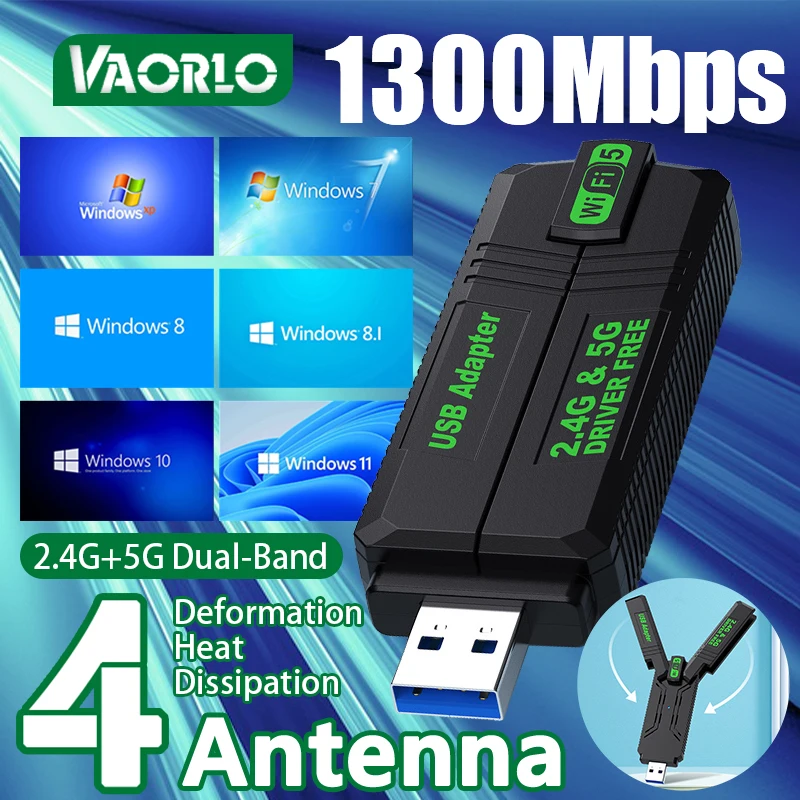 

4 внешних антенны, USB-адаптер WiFi 1300 Мбит/с, двухдиапазонный 2.4G+5.8G 802.11AC, приемник без драйверов, высокоскоростная беспроводная карта USB 3.0